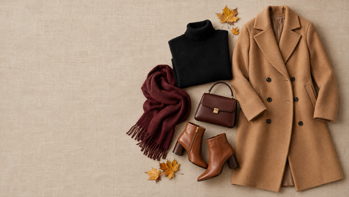 Autumn outfit with camel coat, black sweater and cognac boots